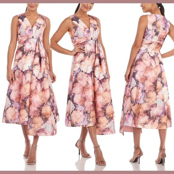NEW $298 Kay Unger [ 10 ] Orchid Lani Floral A Line Sleeveless Midi‎ Dress